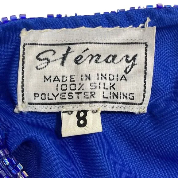 Stenay Womens Evening Silk Dress | 8 | Sequin Beaded Fringe | Royal Blue - Picture 3 of 16